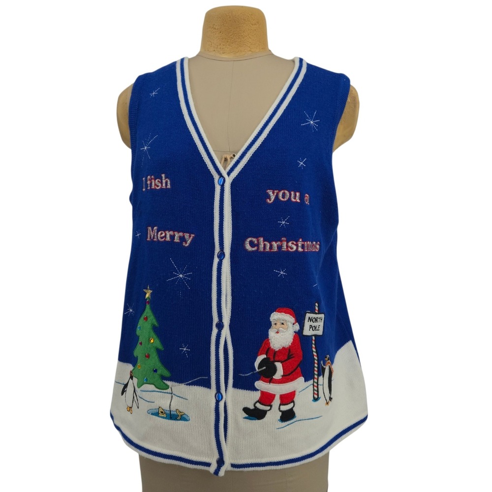 Christmas Sweater Vest Women XXL Blue‎ Fishing Santa Penguin Ugly Holiday Humor